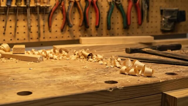 Wood shavings and tools on a rustic workbench in a carpenter workshop with hand tools hanging on a pegboard in the background