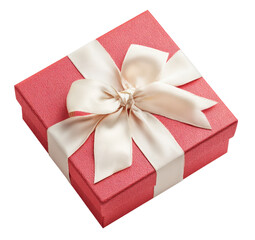 Elegant red gift box with a cream ribbon bow, isolated on a pristine white background, perfect for conveying celebration, surprise, and joy on any special occasion.
