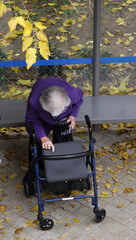 Anciana dependiente con andador ortop&eacute;dico caminador en parada de autob&uacute;s