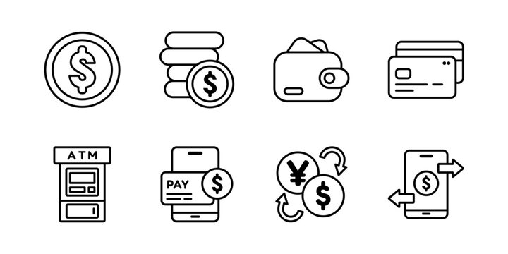 Financial Payment Outline Icon Set. Minimal banking currency exchange graphics. Business transaction collection