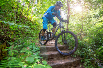 Mountainbiker f&auml;hrt Treppenstufen auf einem Singletrail im Pf&auml;lzerwald, Deutschland (model released)