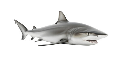 Fototapeta premium Realistic illustration of a great white shark with sharp teeth swimming in the ocean against a clean white background for educational purposes and marine life awareness.