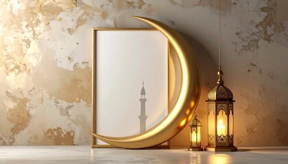 Islamic Ramadan mockup with blank frame, golden crescent moon and lantern, festive branding presentation concept