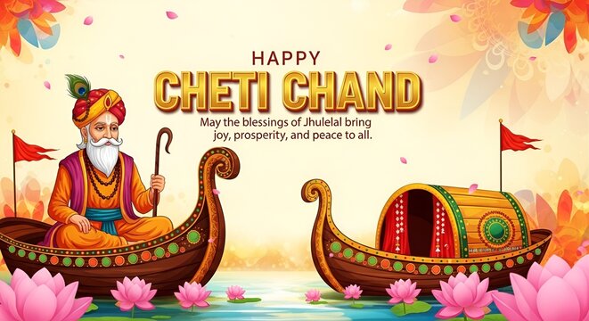 Happy Cheti Chand Festival Celebration with Lord Jhulelal in Traditional Boat on Water with Flowers and Diya Lights Festive Background