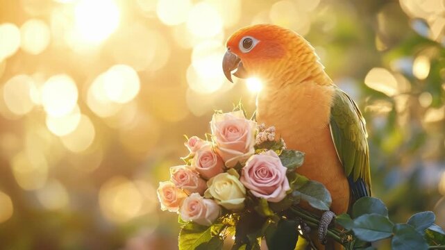 Vibrant parrot with rose bouquet in glowing sunset. The 14th of February. Happy Valentine's Day