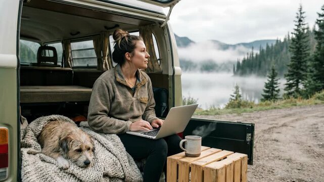 Young woman working on laptop while sitting in open van with dog by a foggy mountain lake during autumn road trip