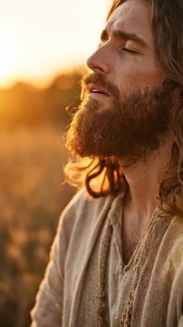 Vertical Video-Portrait of Jesus Christ praying with hands clasped during a golden sunset.