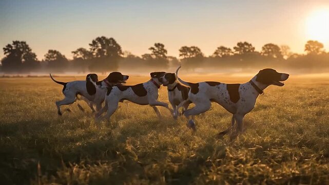 running hounds in sunlit field during golden hour