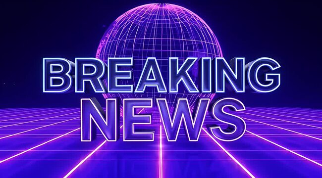 Retro Wave Breaking News with Wireframe Sphere and Futuristic Neon Grid