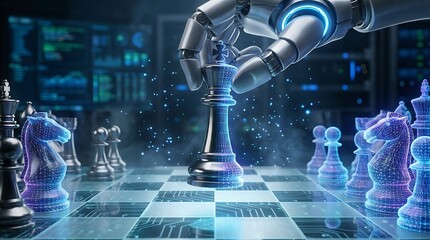 Fototapeta premium Robot Arm Moving Chess Piece on Board.