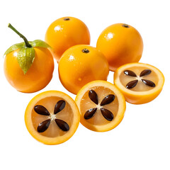 Freshly harvested passion fruits with some cut open to reveal interior seeds and pulp