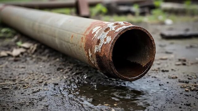 rusty pipe on wet asphalt in urban decay scene