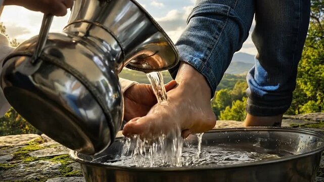Close up of water being poured from silver pitcher over feet during Maundy Thursday ritual