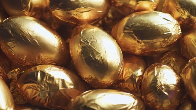 Golden foil wrapped chocolate easter eggs falling in slow motion for easter celebration