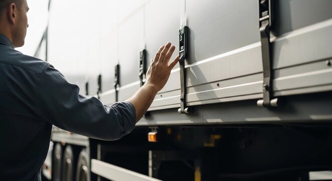 Man inspecting large metal container door lock mechanism in an industrial setting