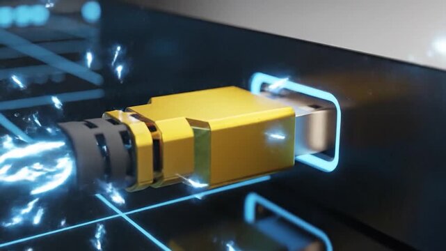 USB cable connecting to a device with glowing digital data transfer