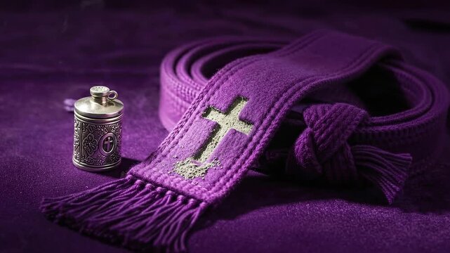Purple priest stole with ash cross and silver holy oil container on purple surface