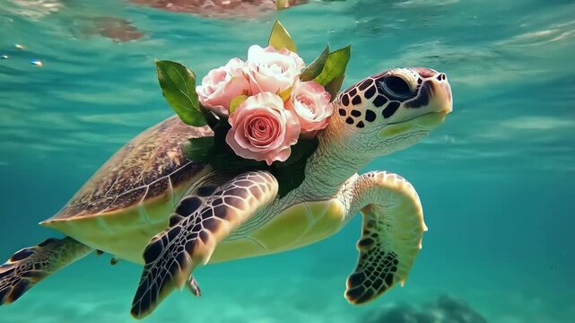 Sea turtle gliding underwater with pink roses in tranquil ocean scene. The 14th of February. Happy Valentine's Day