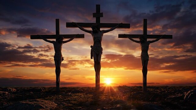 Silhouette of three crosses on Calvary hill against dramatic sunset sky