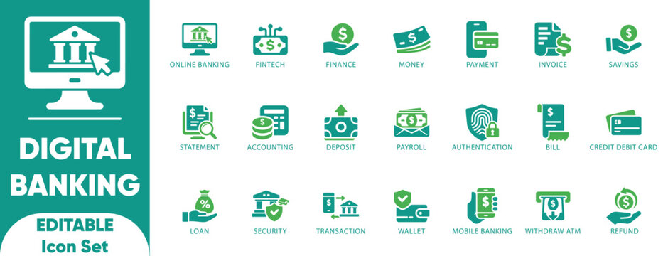 Digital banking editable solid icon set.fintech, security,dashboards,app UI,transfer,and vector.