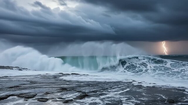 Stormy ocean waves with lightning over rocky coast