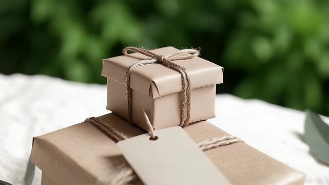 Two neatly wrapped brown paper packages tied with twine, with a tag
