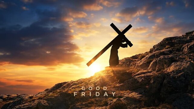 Blurred silhouette of Jesus carrying cross with Good Friday text overlay