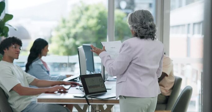 Staff, talking or manager with paperwork in digital agency, project briefing or app prototype deadline. Testing report, system requirements or people with programming instructions, question or tech