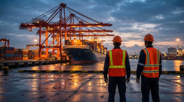 Two dedicated port workers in orange safety vests observe the bustling operations of a cargo terminal and large container ship at atmospheric dusk.