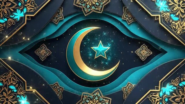 Golden crescent moon and star 3D rendering with ornate islamic pattern background. Ramadan Kareem greeting for Eid al-Fitr.