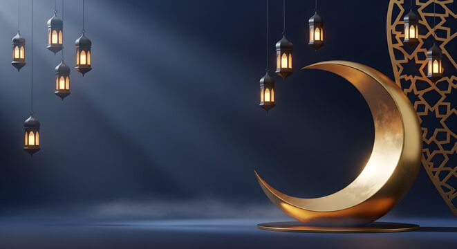 Luxury ramadan crescent moon with hanging lanterns and dramatic light rays islamic night stage background 3d render composition