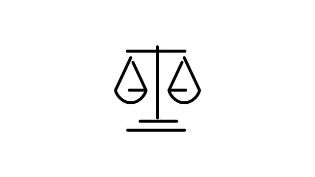 Animated balance scale line icon 4k video. Justice ethics, legal compliance, animation icons. Black and white icon with transparent background