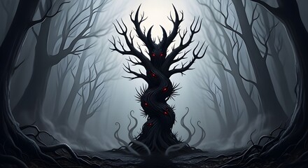A haunting silhouette of a bare tree in a misty forest with a mysterious glow