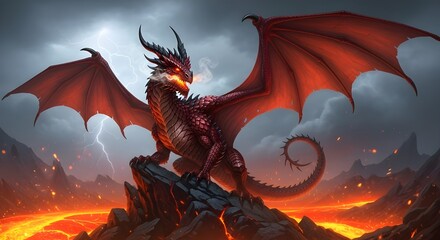 A fierce dragon standing on a rocky outcrop amidst a fiery landscape