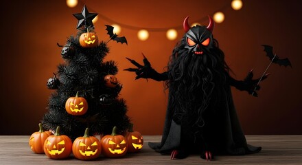 Halloween scene with spooky decorations and a dark figure