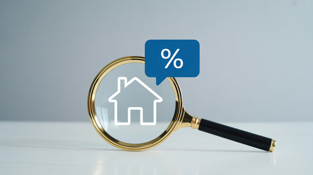 A magnifying glass focuses on a house icon with a percentage sign above
