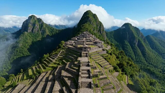 Aerial view of the ancient Incan city of Machu Picchu in Peru