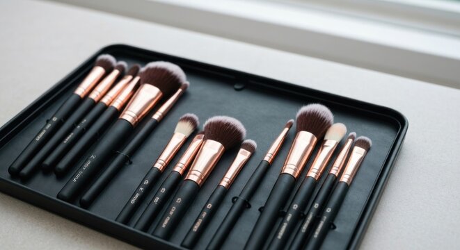 Makeup brushes, organized in a black tray by a window. Rose gold ferules, black handles