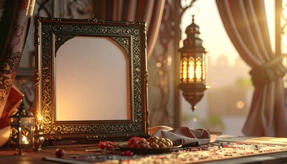 Ornate Blank Islamic Frame Displayed on Table, Traditional Lantern Background with Curtains, Elegant Ramadan Greeting Mockup Concept