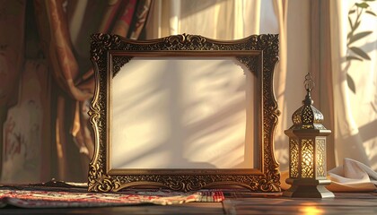 Ornate Blank Islamic Frame Displayed on Table, Traditional Lantern Background with Curtains, Elegant Ramadan Greeting Mockup Concept