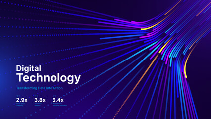 Plakat High-Speed Digital Data Stream with Flowing Particle Lines and Dynamic Light Trails Across an Advanced AI Network. Vector Illustration.