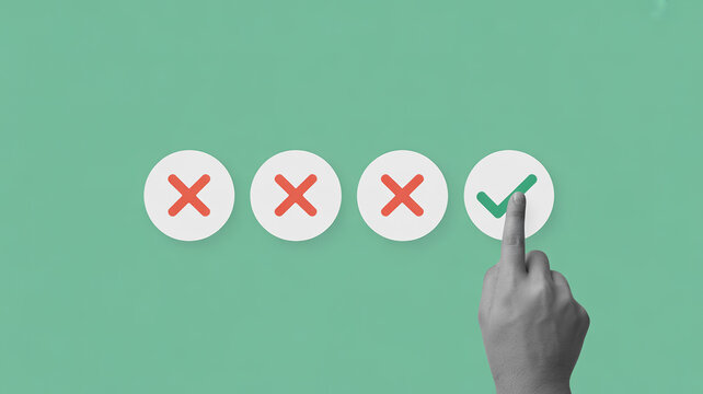 A hand selects the correct option indicated by a checkmark among several incorrect choices