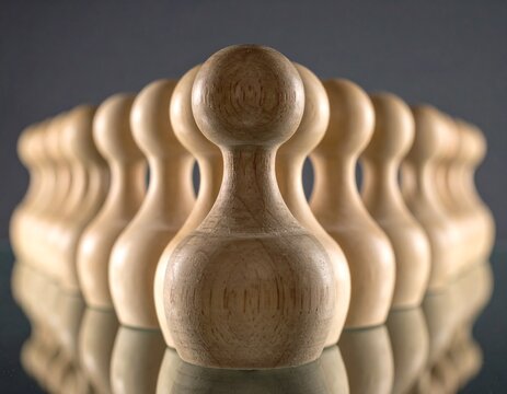 Holzfigur in Reihe als Symbol f&uuml;r Gruppe und Individualit&auml;t