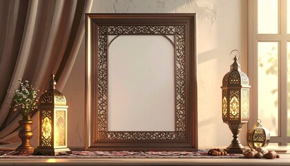 Ornate Blank Islamic Frame Displayed on Table, Traditional Lantern Background with Curtains, Elegant Ramadan Greeting Mockup Concept