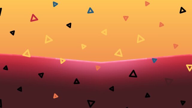 Gradient background with scattered colorful triangles. A curved shape separates top & bottom