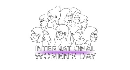 Fototapeta premium Minimalist line art illustration of diverse women's faces forming a pyramid shape for International Women's Day.