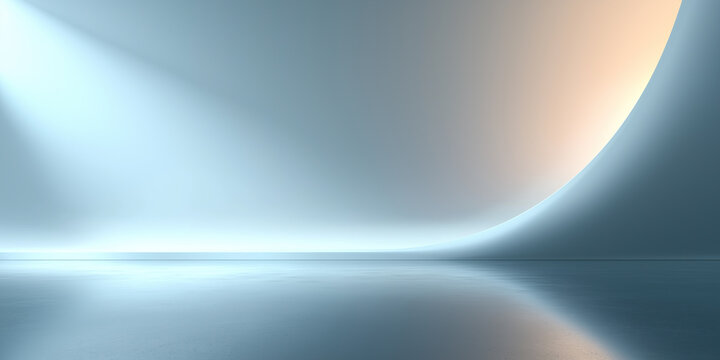 Abstract light shadow forms dynamic curved shapes reflected on empty clean floor, offers copy space, ideal background in warm blue tones for modern design, branding and product presentation.
