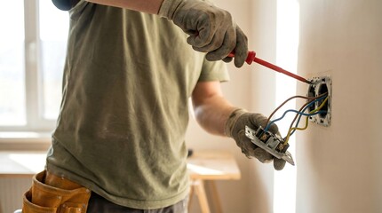Fototapeta premium A skilled electrician wearing gloves uses a screwdriver to carefully connect colorful electrical wires to a new wall outlet, demonstrating safe electrical installation.