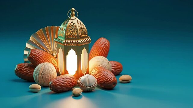 Golden Ramadan lantern with dates and nuts on a teal background, perfect for a Ramadan Kareem greeting card or Muslim holiday poster.