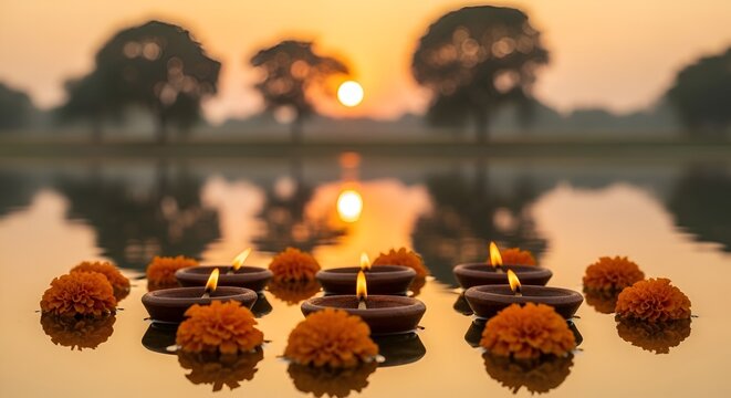 Cheti Chand soft sunrise gradient with glowing water ripples and calm spiritual mood